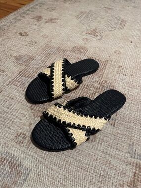 Black and Natural Raffia Woven Slide Sandals - Women's